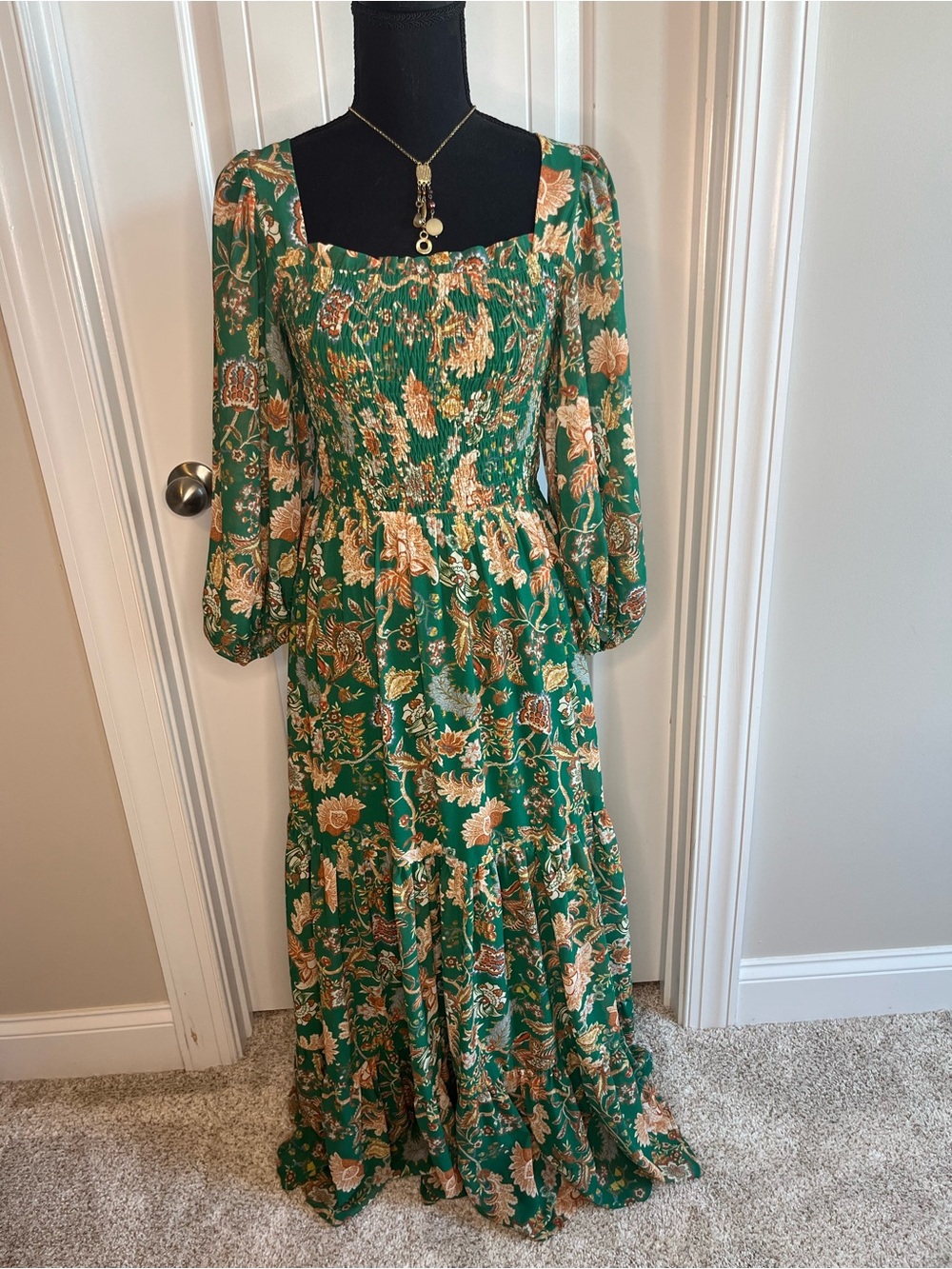 Flying Tomato Green Floral Maxi Dress with Cream Accents